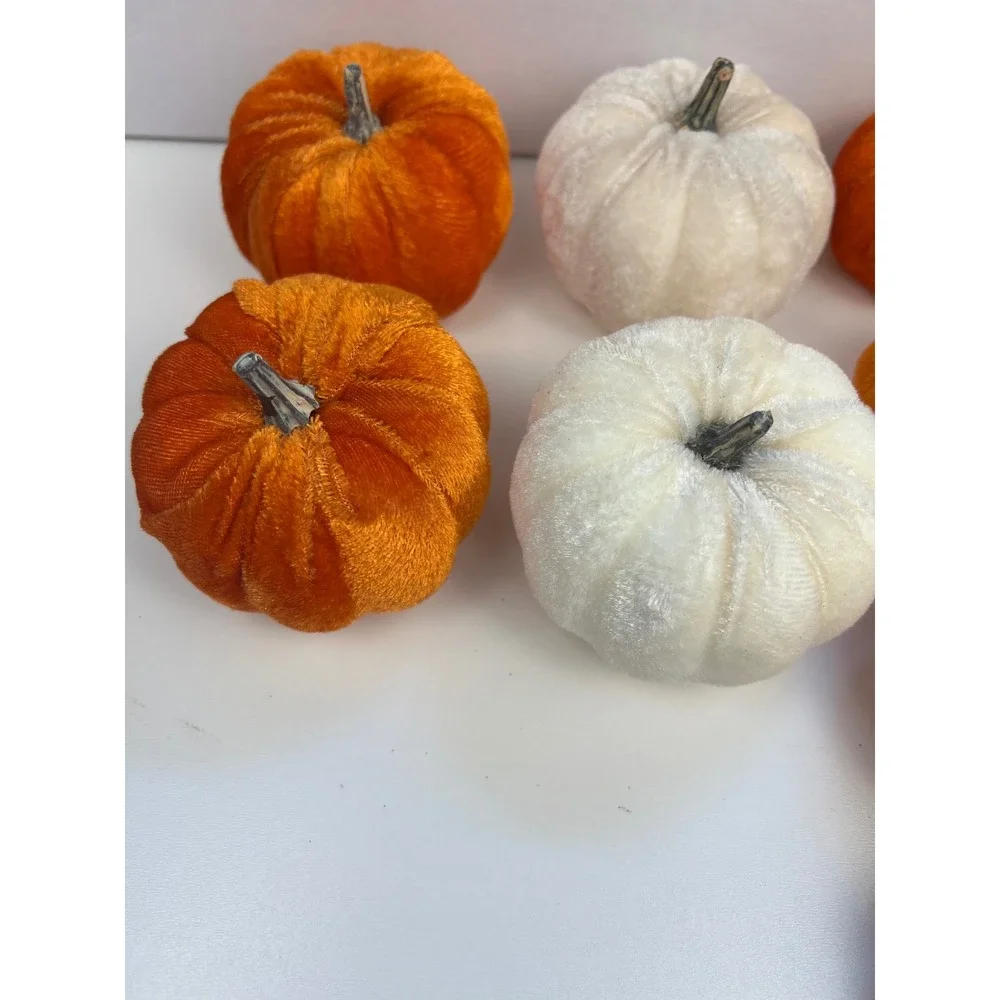 Set of 12 Velvet Pumpkins Fall Autumn Decor Orange White Miniature Faux Pumpkins